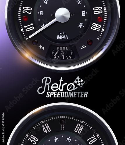 Retro Speedometer. Tachometer. Realistic vector. Vintage car speedometer 1960s. Classic. Pattern Miles speedometer on motorcycle a vintage style.