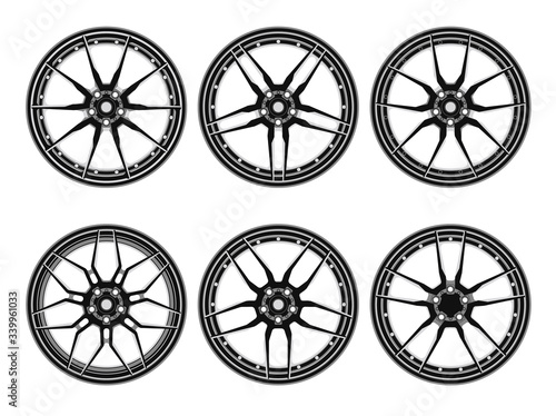 Set of car wheel disks, isolated on white background. Rims set collection on the white background. Car wheels set. Vector