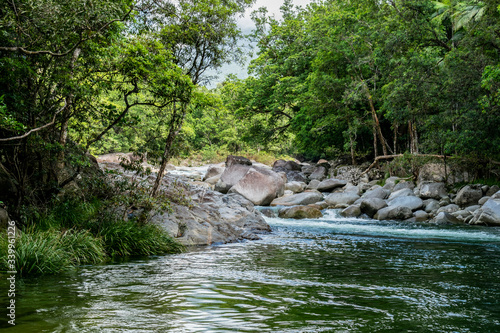 View of Mossman Gorge river, Queensland, Australia. Part of Daintree Rainforest National Park, magical place with crystal water. 