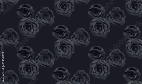 Trendy dark rosw pattern in the many kind of flowers. Botanical Motifs scattered random. Seamless vector texture for fashion prints. Printing with in hand drawn style on black background. photo