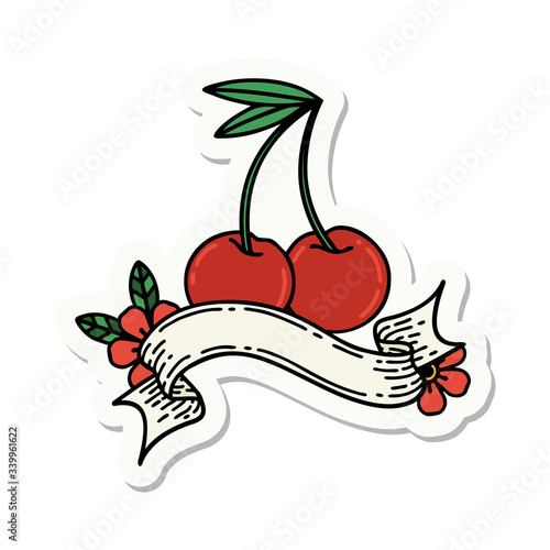 tattoo sticker with banner of cherries