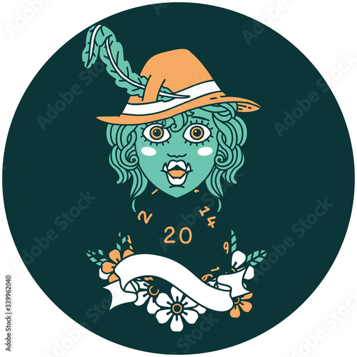 singing half orc bard character with natural twenty dice roll icon