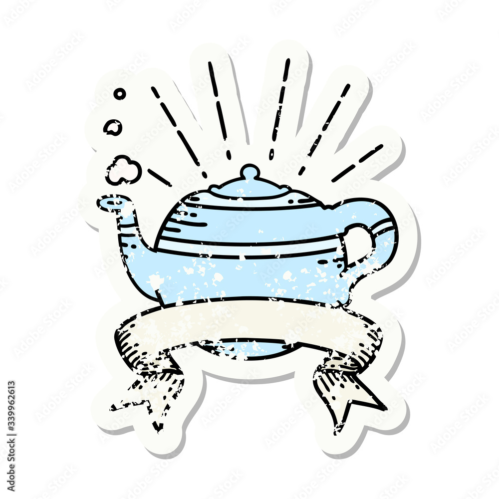 grunge sticker of tattoo style steaming teapot grunge sticker of tattoo style steaming teapot