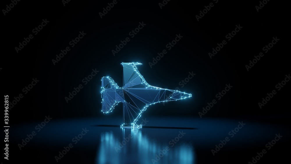 3d rendering wireframe neon glowing symbol of fighter jet on black background with reflection