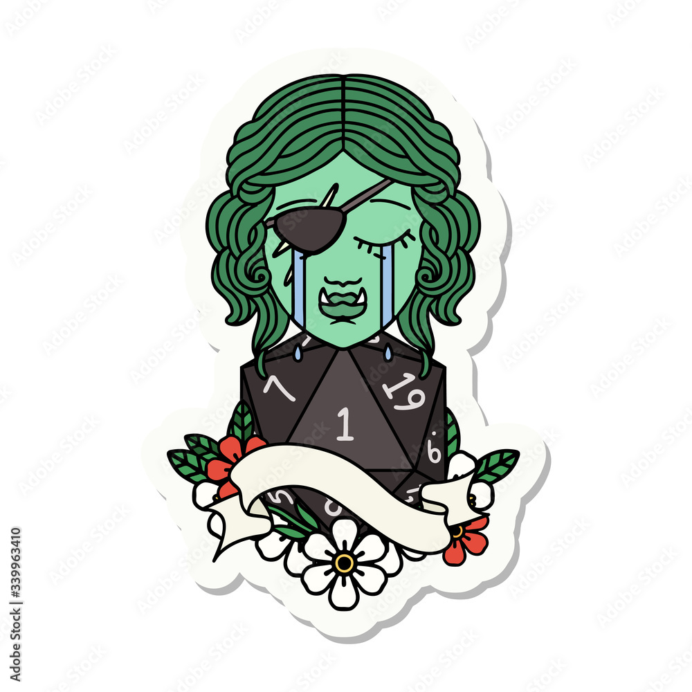 crying orc rogue character face with natural one d20 dice roll sticker crying orc rogue character face with natural one d20 dice roll sticker