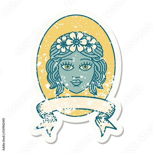 grunge sticker with banner of a maiden with crown of flowers
