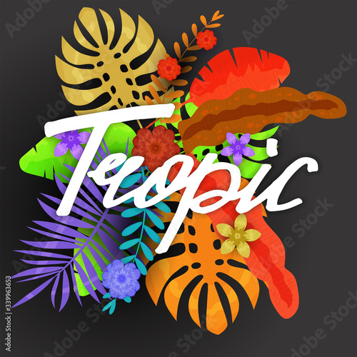 Summer trendy tropical leaves exotical plants palm jungle leaf lettering trending colors