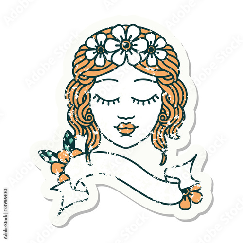 grunge sticker with banner of a maidens face
