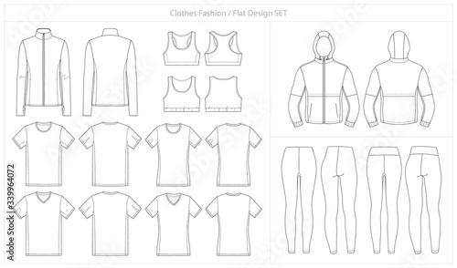 Sketch. Men's and Women's vector templates of clothing set. Fashion illustration. Line art design. Isolated on white background. Sportswear Collection. Apparel fashion template.