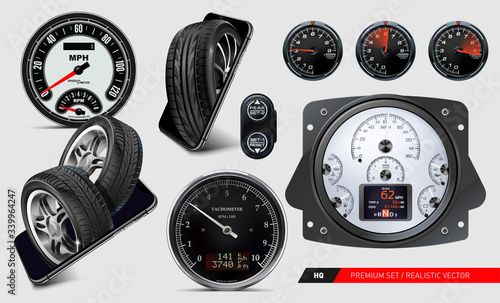 Speedometer. Digital. Customizable Dash Gauge. Realistic vector. Mobile app tyres, wheels. Speedometer in high speed. Set with tires, speedometers. Tachometer Motorcycle LCD-Digital Odometer. Luxury.