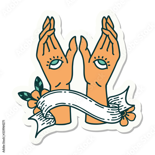 tattoo sticker with banner of mystic hands