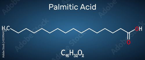 Palmitic acid or hexadecanoic, C16H32O2 molecule. It is saturated fatty acid. Structural chemical formula on the dark blue background