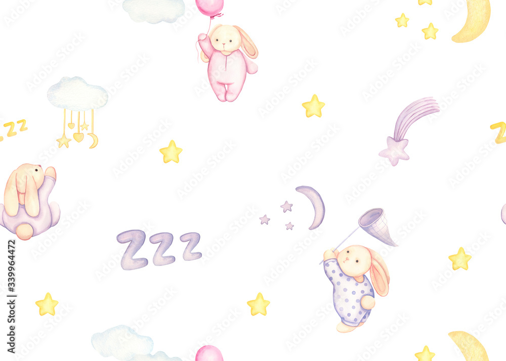Watercolor hand painted seamless pattern with bunny, stars, moon, clouds. Baby pattern with animal on white background.
