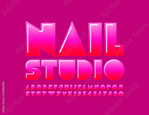 Vector luxury logo Nail Studio with Uppercase Font. Glossy Pink Alphabet. Original glamour Letters and Numbers