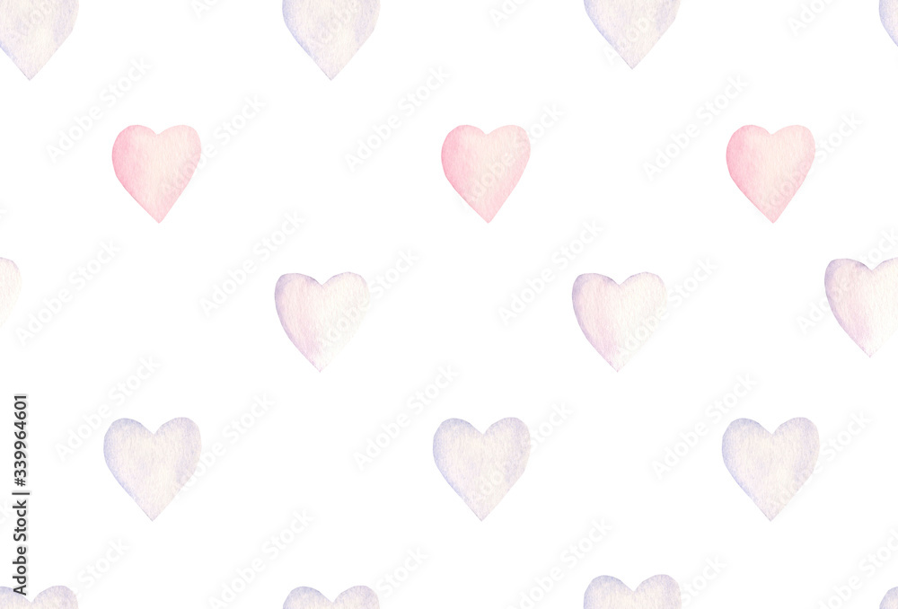 Watercolor seamless pattern with pink hearts pastel colors on white background.