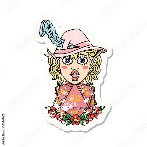 elf bard character with natural twenty dice roll grunge sticker