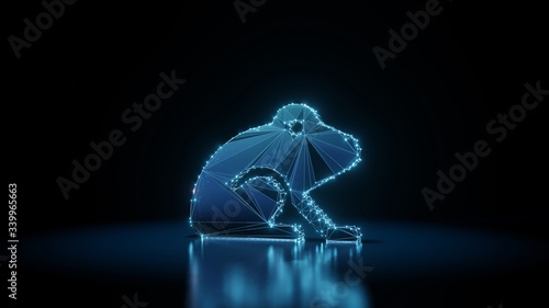 3d rendering wireframe neon glowing symbol of frog on black background with reflection