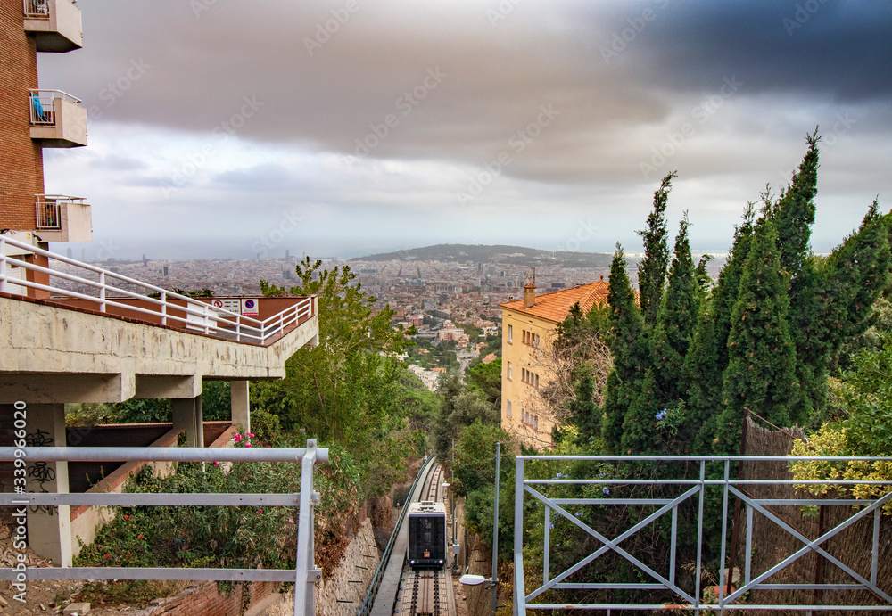 Small station of the Vallvidrera funicular railway with Barcelona at its feet