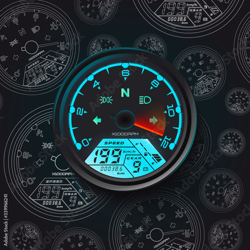 Color detail with the speedometer of a motorcycle. Speedometer Odometer motorcycle Universal LCD-Digital Tachometer digital gauge.