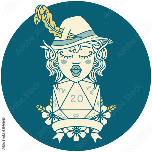 elf bard with natural twenty dice roll illustration