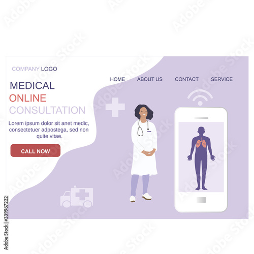 Doctor online, medical health care consultation of pulmonologist web page template vector flat illustrations set.