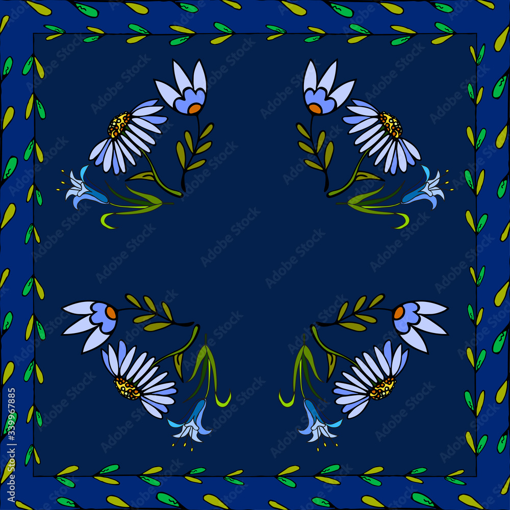 Vector floral pattern in the square for the design of shawls, hijab, bandanas. Doodle drawing of a set of wildflowers on a blue background, seamless art border brush
