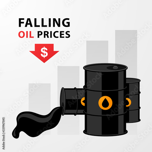 Oil price trend. Flat design. Chart with down red arrow and halons with oil. Stock vector illustration.
