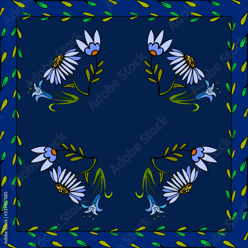 Vector floral pattern in the square for the design of shawls, hijab, bandanas. Doodle drawing of a set of wildflowers on a blue background, seamless art border brush