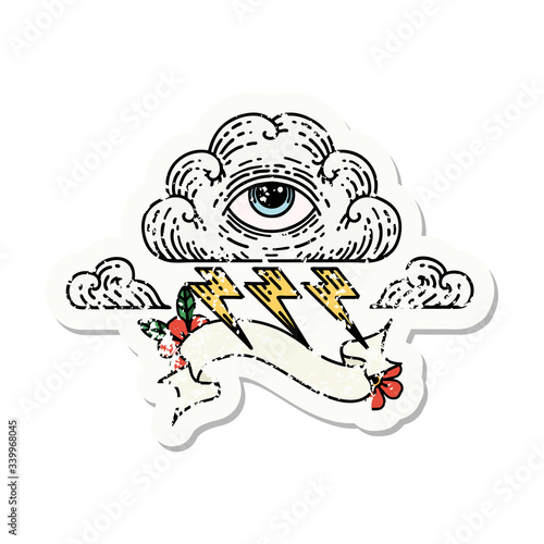 grunge sticker with banner of an all seeing eye cloud