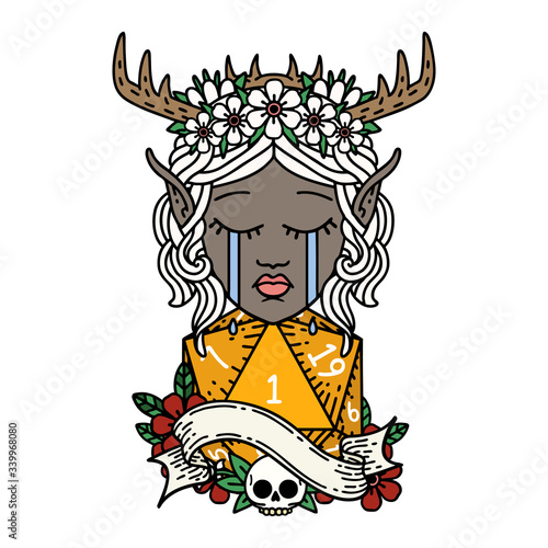 Fotografija crying elf druid character face with natural one D20 dice roll illustration