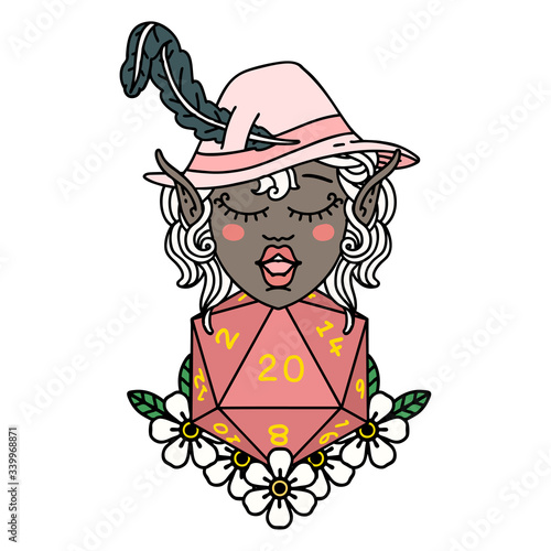 elf bard character with natural twenty dice roll illustration