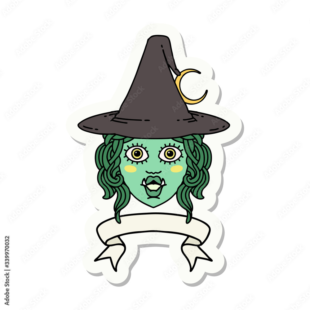 half orc witch character face with banner sticker