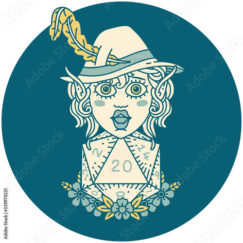elf bard character with natural twenty dice roll illustration