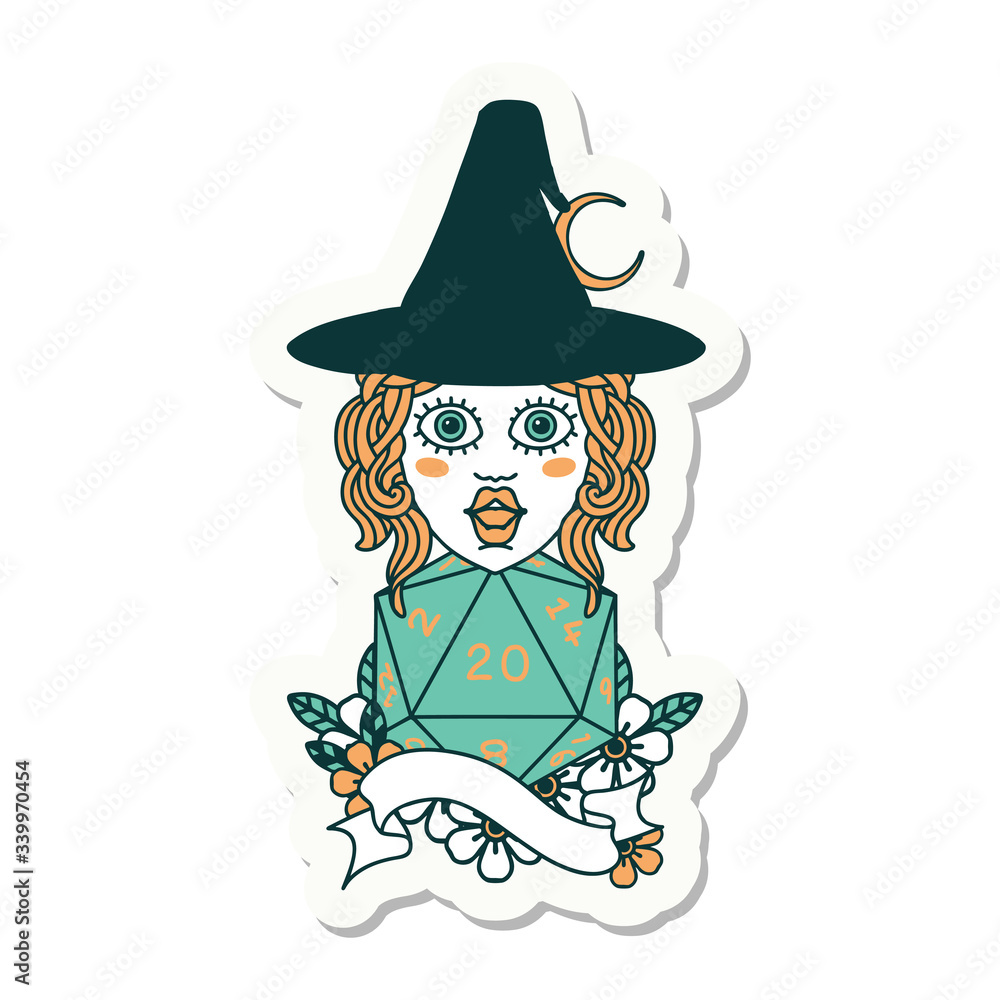human mage with natural twenty dice roll sticker