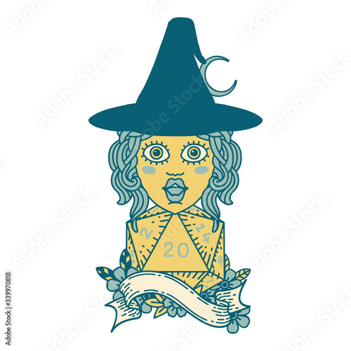 human mage with natural 20 D20 dice roll illustration