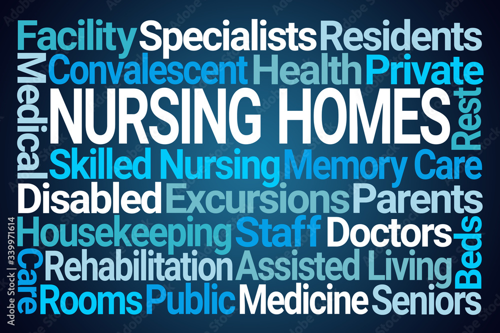 Nursing Homes Word Cloud on Blue Background Nursing Homes Word Cloud on Blue Background