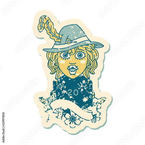 singing half orc bard character with natural twenty dice roll illustration