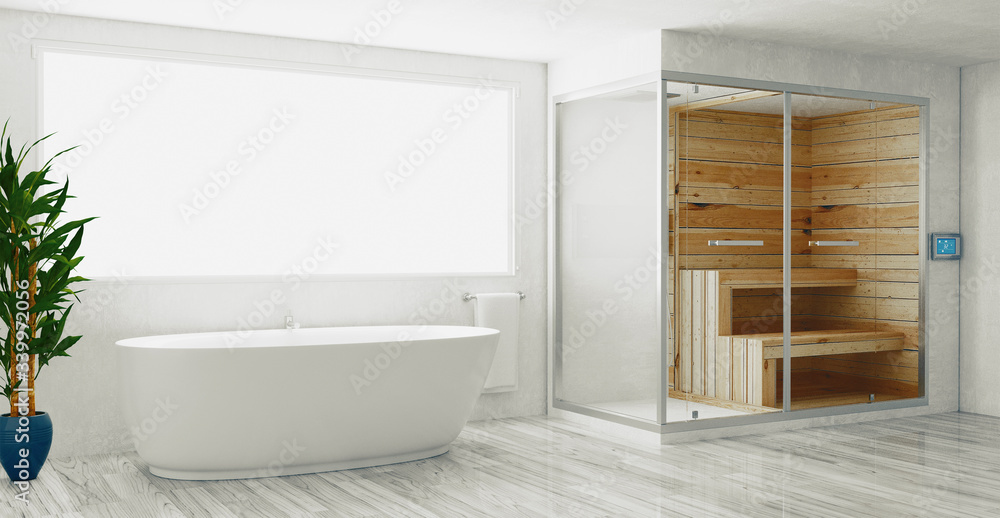 Modern bathroom with bathtub, luxury apartment. 3d rendering