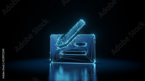 3d rendering wireframe neon glowing symbol of cheque on black background with reflection