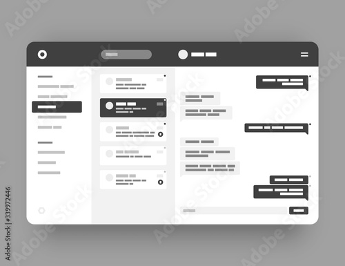 Concept for chat, social media, online messenger kit. Wireframes screens. Dashboard UI and UX Kit design. Use for mobile app or website.