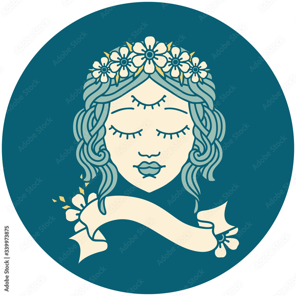 icon with banner of female face with third eye icon with banner of female face with third eye