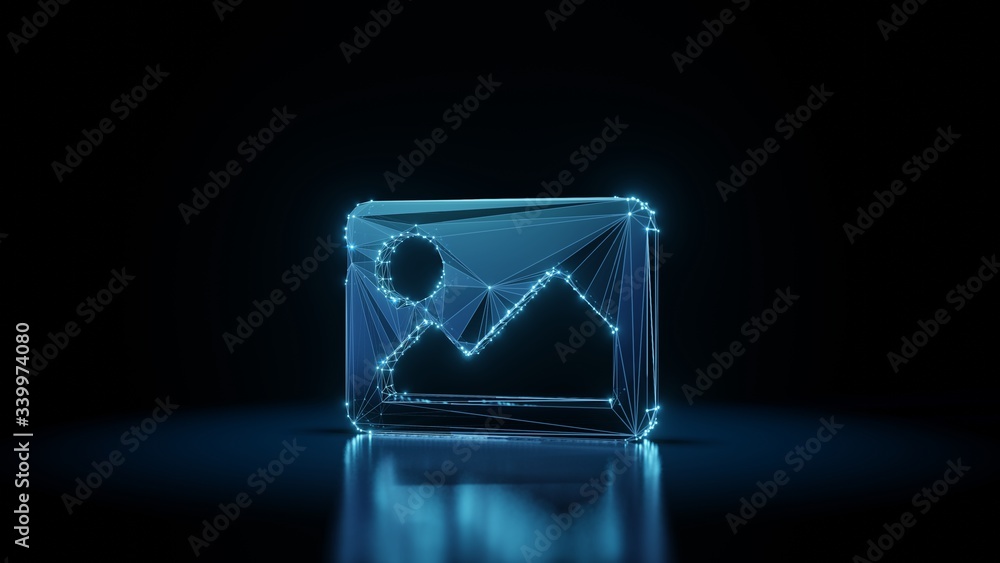 3d rendering wireframe neon glowing symbol of image on black background with reflection 3d rendering wireframe neon glowing symbol of image on black background with reflection