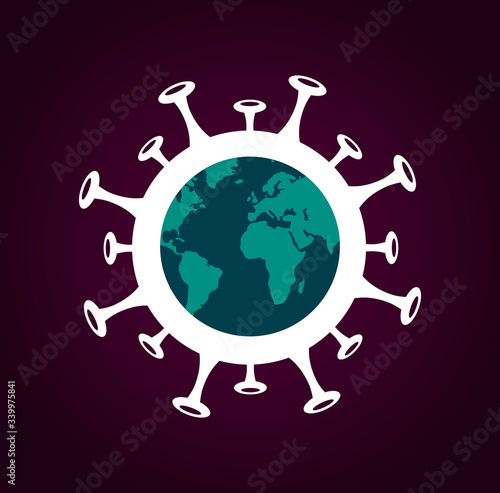 Planet earth on the coronavirus, purple background. Inscription COVID-19. vector infographic coronavirus. Pathogen respiratory influenza covid virus cells.
