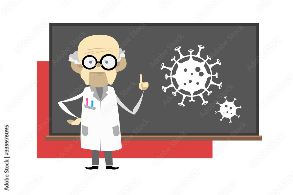 professor near the blackboard talks about coronavirus. Inscription COVID-19. vector infographic coronavirus. Pathogen respiratory influenza covid virus cells. professor near the blackboard talks about coronavirus. Inscription COVID-19. vector infographic coronavirus. Pathogen respiratory influenza covid virus cells.