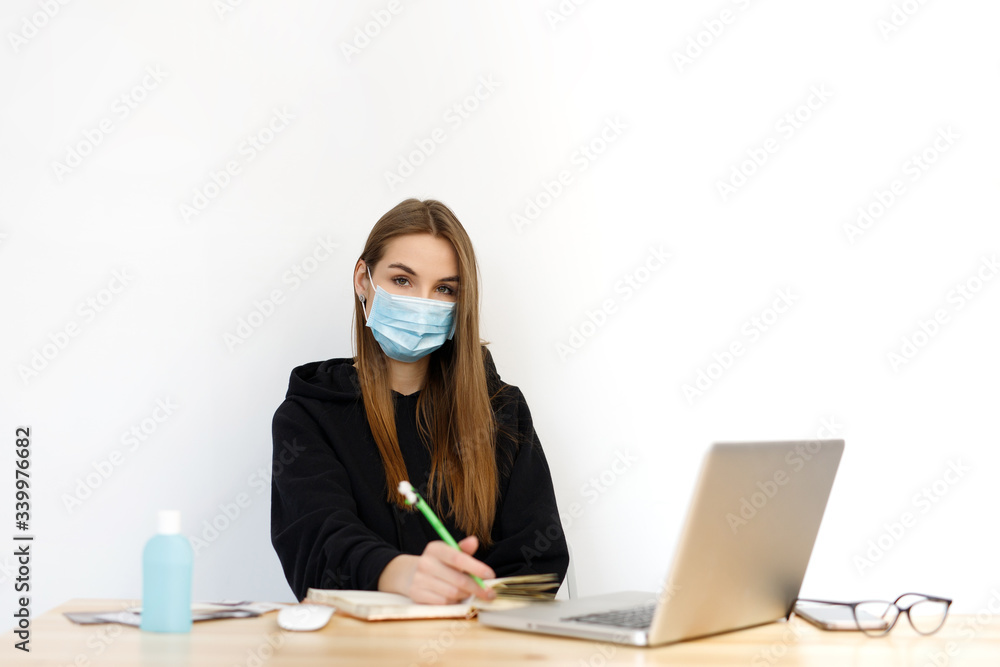 Woman work from home wearing mask protection wait for epidemic situation to improve soon at home. Coronavirus, covid-19 Woman work from home wearing mask protection wait for epidemic situation to improve soon at home. Coronavirus, covid-19