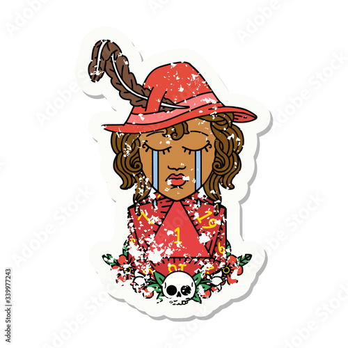crying human bard with natural one D20 dice roll illustration