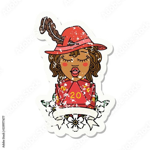 human bard character with natural 20 dice roll illustration