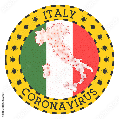 Coronavirus in Italy sign. Round badge with shape of Italy. Yellow country lockdown emblem with title and virus signs. Vector illustration.