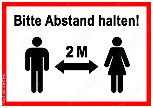 ds113 DiskretionSchild - german label  Bitte Abstand halten  - 2 Meter - english  keep your distance from others  about 2 meters  - social distance. - red frame poster - DIN A1 A2 A3 A4 - xxl g9489
