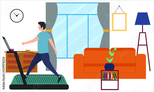 Vector illustration Stay home. Coronavirus COVID-19 quarantine. Sport, wellness training, home fitness workout Man is treadmill Social distance